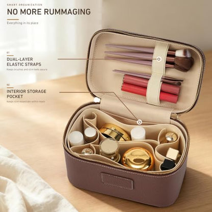 Makeup Bag Travel Toiletry Leather Cosmetic Case, Waterproof Makeup Organizer with Brush Holder, Wipe Clean Removable Divider Vanity Train Bag for Women, Brown Coffe - color: Brown Coffe