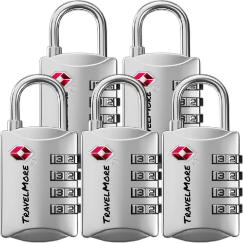 TravelMore Luggage Locks TSA Approved, 4-Digit Travel Combination Locks - color: Silver, size: 5 Pack