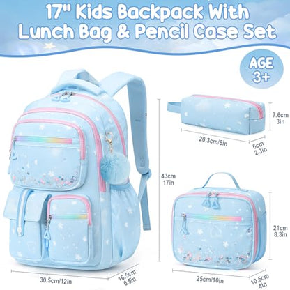 Fimibuke Backpack for Girls, 3 PCS Bookbag Set with Lunch Box & Pencil Case - color: Blue Pink