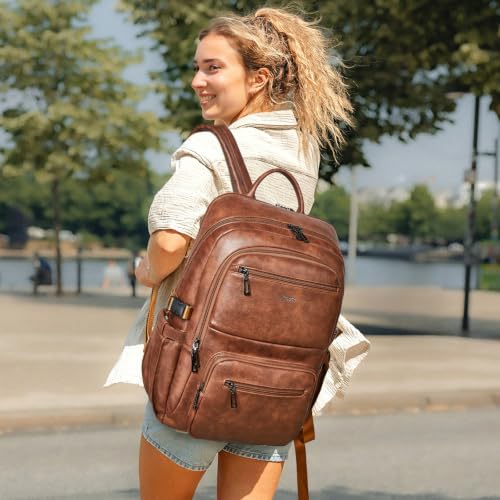 Leather Laptop Backpack for Women with RFID Wristlet Purse, Fits 17" Laptop - color: Black