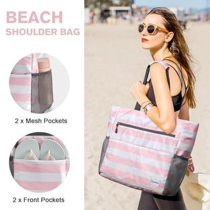 G4Free Beach Bag, Waterproof Sandproof Large Capacity Foldable for Women - color: Pink White, size: 35L