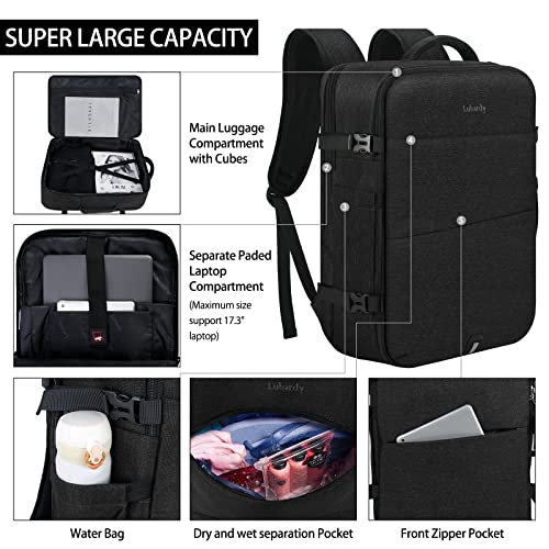 Lubardy Travel Backpack for Men Women 40L Flight Approved Carry on Backpack - color: Black(backpack With 3 Packing Cubes)
