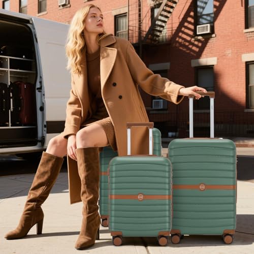 Kono Expandable 24 Inch Luggage with Spinner Wheels, Medium Checked Luggage with Lock, Lightweight & Anti-Scratch PC+ABS Hardshell Travel Suitcase, Green/Brown - color: Green/Brown, size: Checked-medium 24-inch