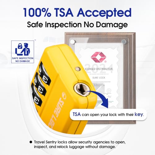 SURE LOCK TSA Approved 4-Digit Resettable Combination Luggage Lock with Open Alert, Easy-Read Dials - for Luggage, School Lockers, Gym, Office, Toolbox & Security Cases(Yellow 1PACK) - color: Yellow