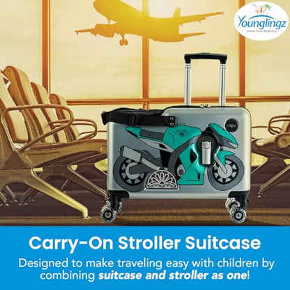Younglingz LIL FLYER GO Version 2 Ride On Suitcase for Kids | Carry On Luggage with Toddler Seat, Foldable Handlebars, Pedals, and Removable Wheels | Holds up to 80 lbs | Green Motorcycle | Ages 2-6 - color: Green Motorcycle V2