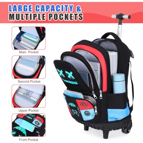 Bevalsa Rolling Backpack for Boys,Cool Gamer Boys Backpack with Wheels | Wheeled Schoolbag with Lunch Box & Pencil Case,Kids School Backpack with Wheels for Kindergarten Elementary School Travel - color: Red Blue Smile