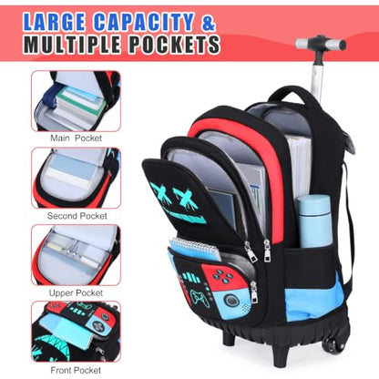 Bevalsa Rolling Backpack for Boys,Cool Gamer Boys Backpack with Wheels - color: Red Blue Smile