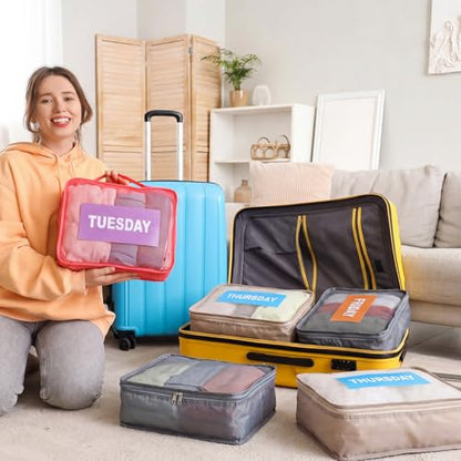 Woanger 14 Pcs Packing Cubes for Travel Days of Week Packing Cubes with Labels Zippered Camping Bag for Summer Camp Essentials