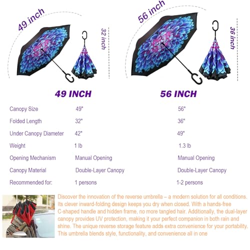 SIEPASA 49/56 Inch Inverted Reverse Upside Down Umbrella, Extra Large Double Canopy Vented Windproof Waterproof Stick Golf Umbrellas with C-shape Handle. - color: Orchid, size: 56 Inch
