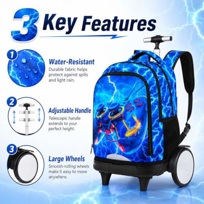 KLFVB Big Quiet-Glide Wheels Roller Bag, 3-in-1 Rolling Backpack Set with Lunch Bag | Water-Resistant Wheeled Bookbag for Boys, School, Travel, Play - Lightning Game Controller - color: Rolling Backpack With Big Wheels - Lightning Game