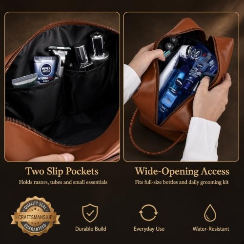 Toiletry Bag for Men, PU Leather Dopp Kit with Wide Opening, Handle and Inner Pockets, Water Resistant Travel Shaving Bag for Suitcase Gym and Bathroom, Brown - color: Brown