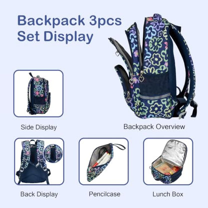 Rexmore Girls 3Pcs Backpack Set with Lunch Box & Pencil Case, Royal Blue - color: Royal Blue