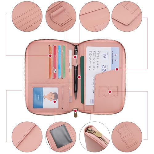 Leather Zipper Passport Wallet Holder Travel Essentials with RFID Blocking - color: Pink