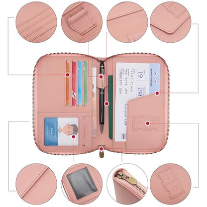 Leather Zipper Passport Wallet Holder Travel Essentials with RFID Blocking - color: Pink
