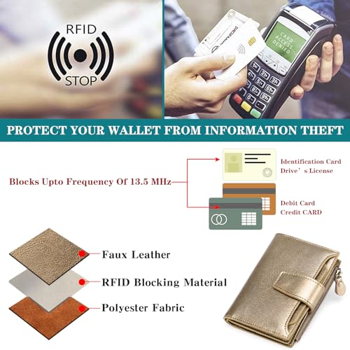 FALAN MULE Small Wallet Women RFID Blocking Leather Bifold Compact Card Holder Wallet with Zipper Coin Pocket - color: Bronze