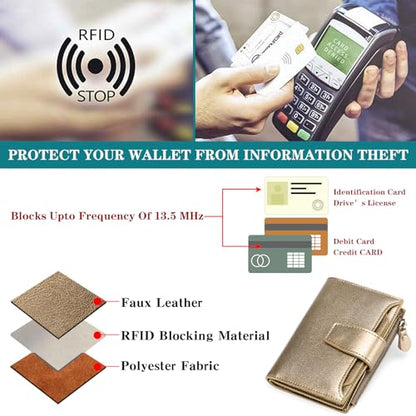 FALAN MULE Small Wallet Women RFID Blocking Leather Bifold Compact Card Holder Wallet with Zipper Coin Pocket - color: Bronze