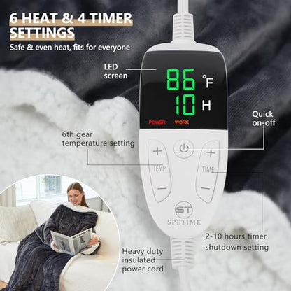 Heated Blanket Wearable Electric Blanket with Heated Foot Pocket, Portable Heated Blanket with Sleeves Flannel & Sherpa Heating Blanket with 6 Heating Levels & 1-10 Hour Timer, 51" * 71"+18", Grey
