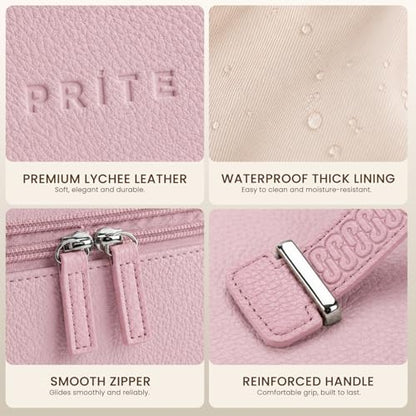 Prite 2 Pcs Makeup Bag Set Travel Cosmetic Case with Clear Toiletry Bag | Jewelry Organizer, Dual-Layer, Waterproof, for Women, Vegan Leather, Elastic Pocket, Zipper Pocket, Adjustable Divider - color: Pink