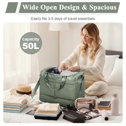 Travel Duffel Bag with Shoe Compartment,Overnight Weekender Bags for Women - color: Green