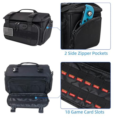 ALSLEA Tactical Travel Gaming Bag Compatible with Nintendo Switch/ Switch 2 All in One Carrying Case for Steam Deck, AC Adapter, Controllers, Protective Bag with Flag Patch &18 Game Card Slots (Black)