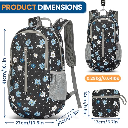ZOMAKE Lightweight Packable Backpack 25L, Foldable Hiking Daypack - color: Black, Floral, size: 25L