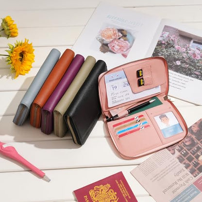 Leather Zipper Passport Wallet Holder Travel Essentials with RFID Blocking - color: Pink