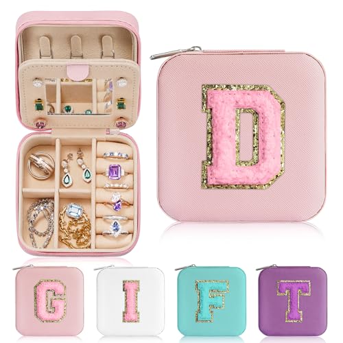 Parima Initial Jewelry Box for Women Girls, Pink Jewelry Travel Case | Chenille Letter Patches Jewelry Box | Multifunctional Personalized Travel Jewelry Case | Birthday Gifts - Letter D, Pink - color: “Pink, size: D