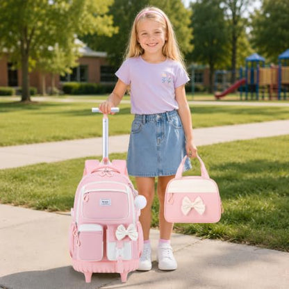Bevalsa Rolling Backpack for Girls, Roller Backpack with Wheels | Cute Bow Wheeled School Bookbag Set with Lunch Bag & Pen Case, Suitcases for Kids Teens Elementary Middle Student - color: Pink Beige