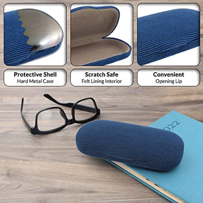 MyEyeglassCase Men's Medium Glasses Case - Classic Eyeglasses Hard Shell Holder, Elegant Easy Open Lip with Pouch and Cloth - color: As196 Codruroy Blue
