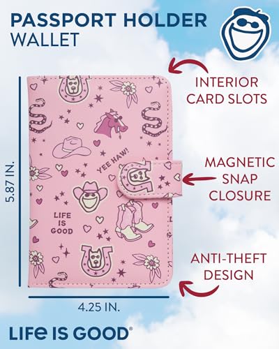 Life is Good Travel Passport Cover, Card Slots, Snap Closure - color: Howdy Pink