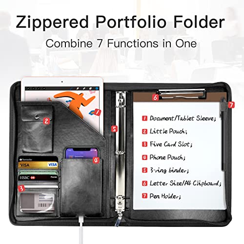 WRIYES Zippered Portfolio Organizer with 3 Ring Binder, Black - color: Black