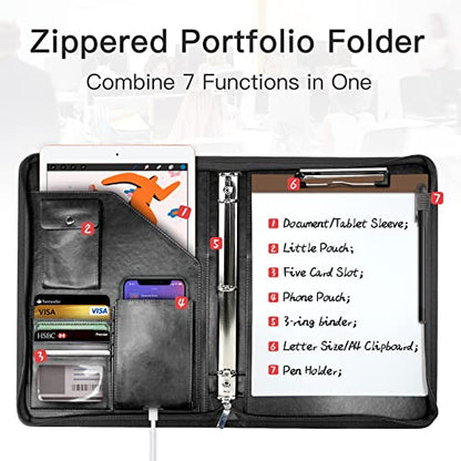 WRIYES Zippered Portfolio Organizer with 3 Ring Binder, Black - color: Black
