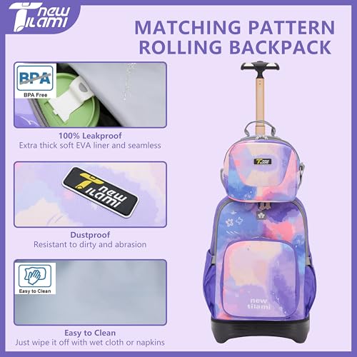 NEW TILAMI 16 Inch Rolling Backpack with Lunch Bag for Girls Boys School - color: Purple Watercolor