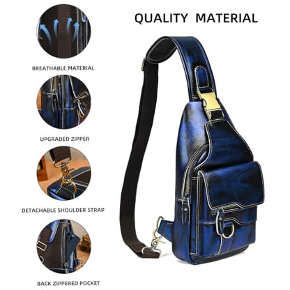 Genuine Leather Hiking Travel DayPack Sling Crossbody Triangle Chest Pack Bag For Men Women 8241 (D-8241 Blue) - color: D-8241 Blue