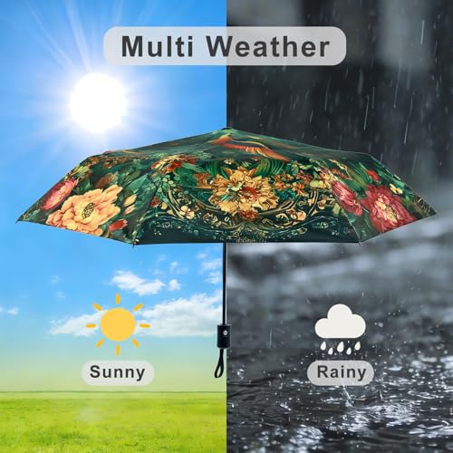 Windproof Travel Umbrella Folding Compact Automatic Umbrellas for Women Men Rain Sun - color: Flower and Birds