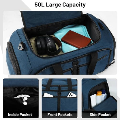 MIER Packable Travel Duffle Bag with Shoe Compartment, 50L, Drak Blue - color: Drak Blue, size: 50L