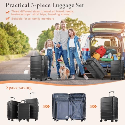 Sweetcrispy 3 Piece Luggage Set, Expandable Suitcase with Spinner Wheels - color: Black, size: 3-Piece Set (20/24/28 Inch)