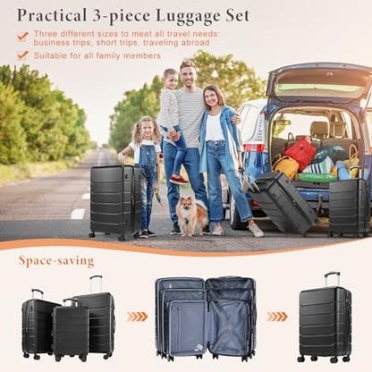 Sweetcrispy 3 Piece Luggage Set, Expandable Suitcase with Spinner Wheels - color: Black, size: 3-Piece Set (20/24/28 Inch)