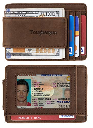 Toughergun Slim Wallet for Men RFID Blocking Money Clip, Minimalist Front Pocket Credit Card Holder, Magnetic Thin Mens Wallets with ID Window - color: Coffee