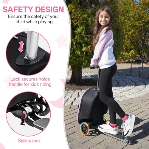 2-in-1 Kids Scooter Suitcase, 19in Large Capacity Ride-On Luggage with LED Light Wheels, Lightweight Carry-On for Fun and Travel, Durable and Cute Patterns Design for Children - color: Pink
