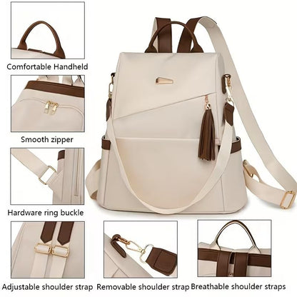 Anti Theft Backpack for Men and Women with Trendy Color Blocking, High End Travel Design, Commuting, Work and Casual Outings, Beige - color: Beige