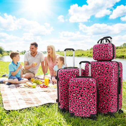 Luggage Sets 4 Piece, Hardside Suitcase Set 14+20+24+28 | Leopard Luggage with Spinner Wheels,Suitcase Set for Women and Men, Lightweight Leopard PC+ABS Hardshell,Pink - color: Pink leopard（14+20+24+28）
