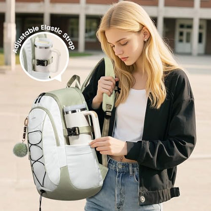 LOVEVOOK Mens Backpack with Giant Tumbler Holder Pocket,15.6 Inch Everyday Laptop Backpack Commuter Travel Work Computer Bag for Women,Casual Hiking College Teacher Back Pack Daypack,White-Bean Green - color: White - Bean Green(drawstring)