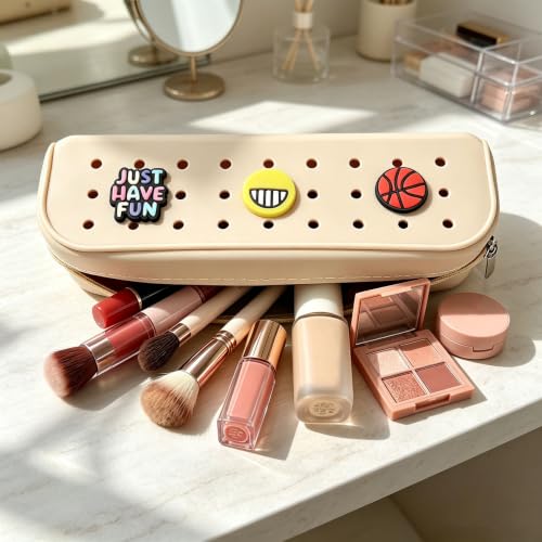 1 Pack Silicone Pen Case Makeup Brush Holder Soft Portable Cosmetic Brush Bag with DIY Holes and 3 Charms(Random) for Travel Home (Beige) - color: Beige