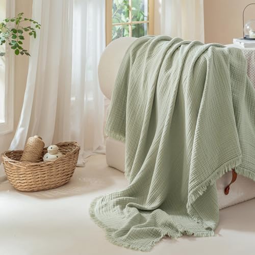 Muslin Fringe Blankets for Adults: 100% Cotton Cloud Soft - color: Sage Green, size: Oversize Queen (98" × 98")