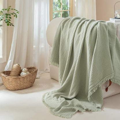 Muslin Fringe Blankets for Adults: 100% Cotton Cloud Soft - color: Sage Green, size: Oversize Queen (98" × 98")