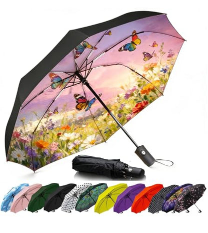 SIEPASA Compact Travel Umbrella - Windproof Auto Open/Close, Small Folding Umbrella for Rain & Sun with UPF50+ - Lightweight Frame, Waterproof - Fits Backpack, Purse, Suitcase.(Garden Butterfly) - color: UPF-Garden Butterfly, size: 42 Inch