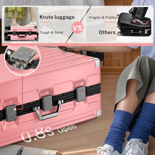 Krute Zipperless Luggage 28inch Checked Hard Shell Suitcases with Wheels - color: Pink, size: Large (28 Inch)