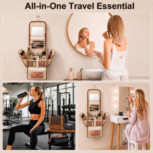 Women Travel Toiletry Bag Large Hanging Toiletry Bag with Mirror - color: Brown