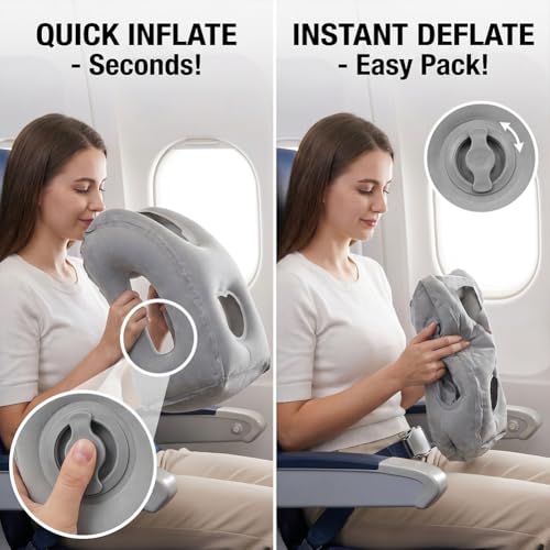 1-Pack Comfortable Inflatable Travel Pillow, Neck Support Air Pillow with Storage Bag for Shoulder and Head Relief, for Airplane Train Car Office Home Use, Grey